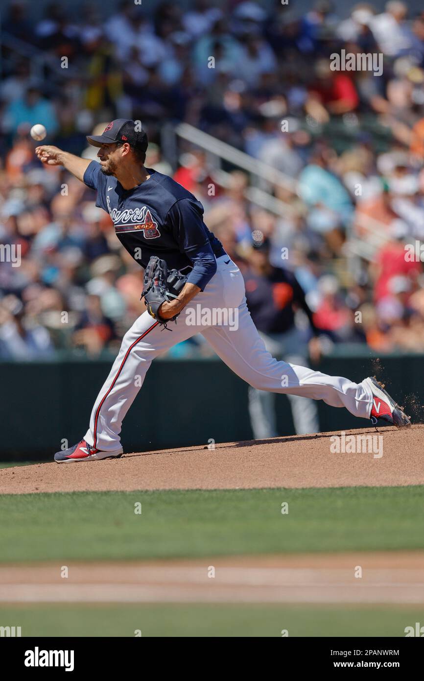 Atlanta, United States. 09th Apr, 2021. Atlanta Braves starting pitcher  Charlie Morton throws in the fourth inning of their Opening Day against the Philadelphia  Phillies at Truist Park in Atlanta on Friday