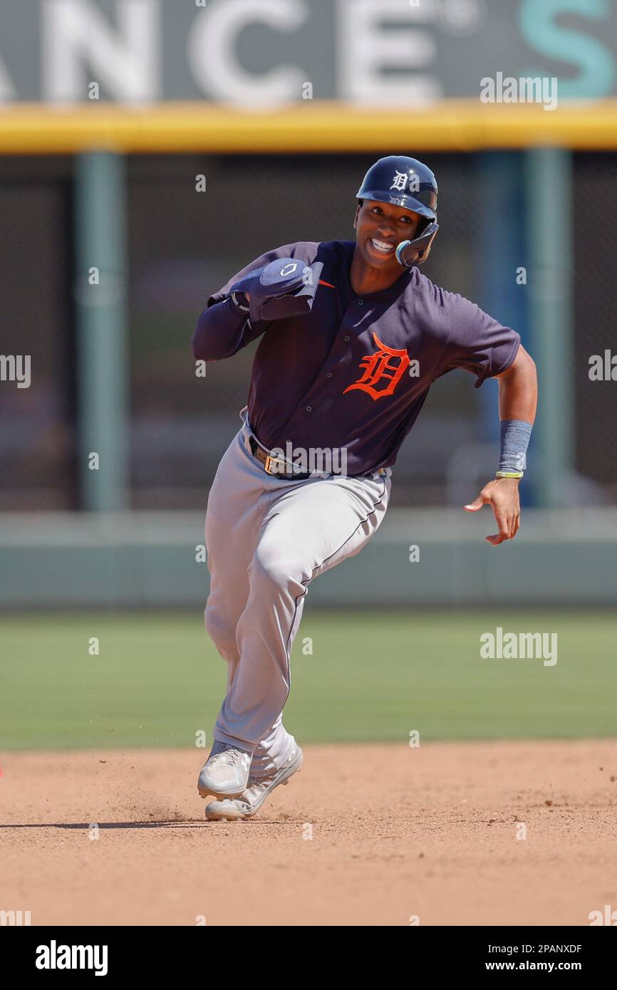 March 11, 2023, North Port FL USA; Detroit Tigers designated hitter Justin Henry Malloy (82) rounds second and scores on the double by second baseman Stock Photo