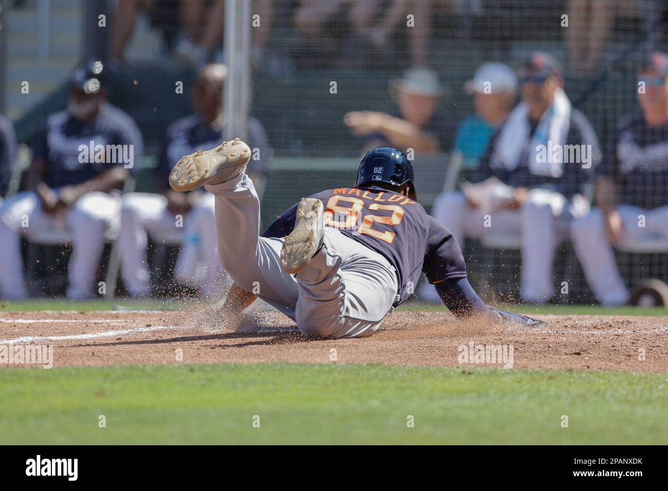 March 11, 2023, North Port FL USA; Detroit Tigers designated hitter Justin Henry Malloy (82) rounds second and scores on the double by second baseman Stock Photo
