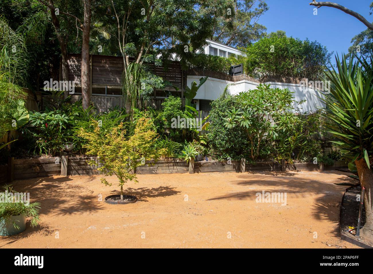 Sydney garden ready to receive new turf lawn, sand soil turf underlay on the ground ahead of