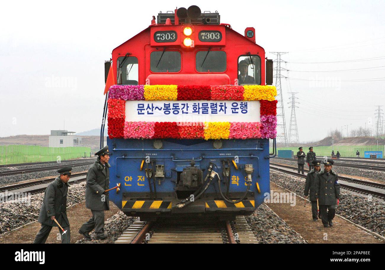Musan Train North Korean railway officials check after the first South Korean cargo ...