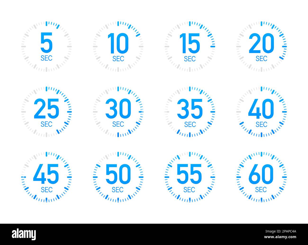 Timer, stopwatch icons set 10 20 30 40 50 60 seconds. Cooking time