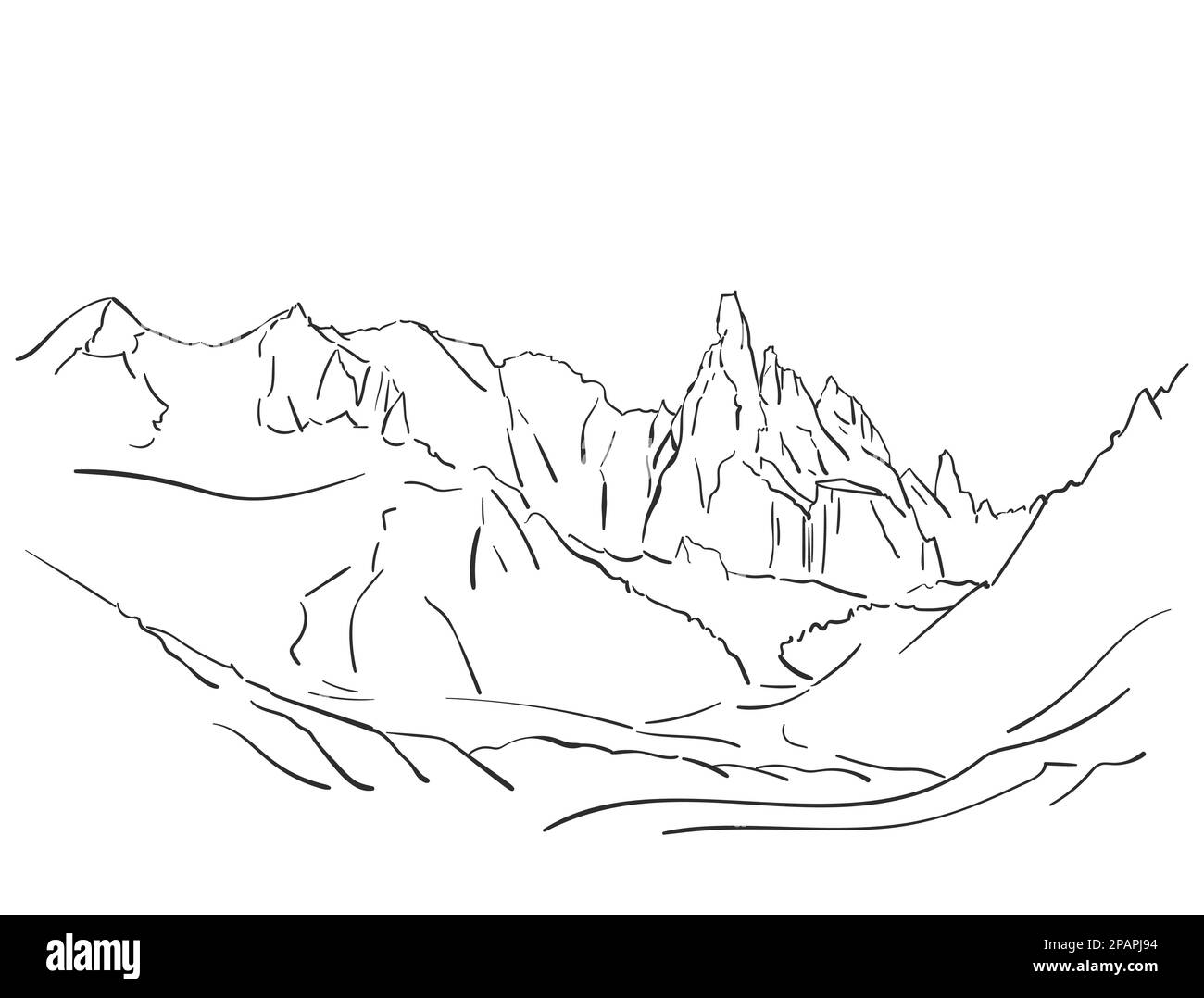 Linear sketch of Cerro Torre mountain massif in Patagonia, Hand drawn vector illustration Stock Vector