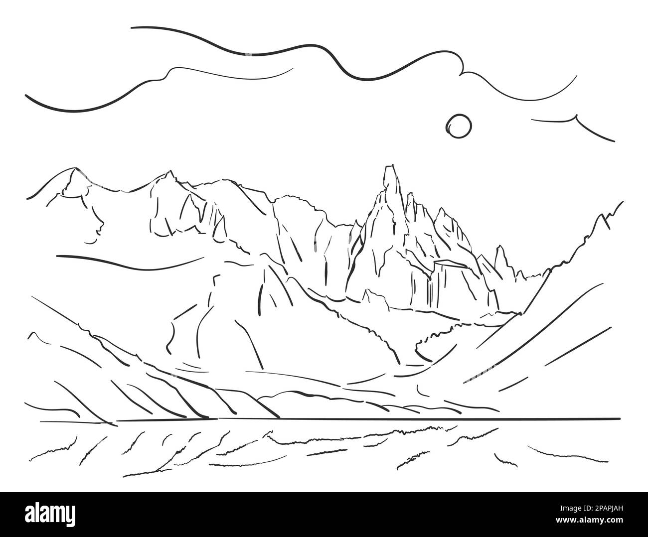 Linear sketch of Cerro Torre mountain massif and Lagoon Torre in Patagonia, Hand drawn vector illustration Stock Vector