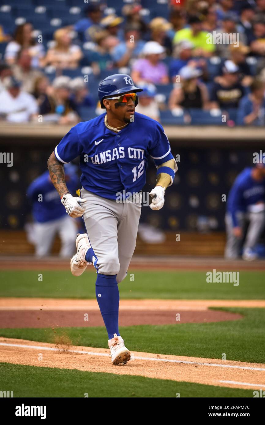 Glendale, United States. 24th Feb, 2023. Kansas City Royals designated  hitter Johan Camargo (12) singles on a line drive to left field in the  first inning of an MLB spring training baseball