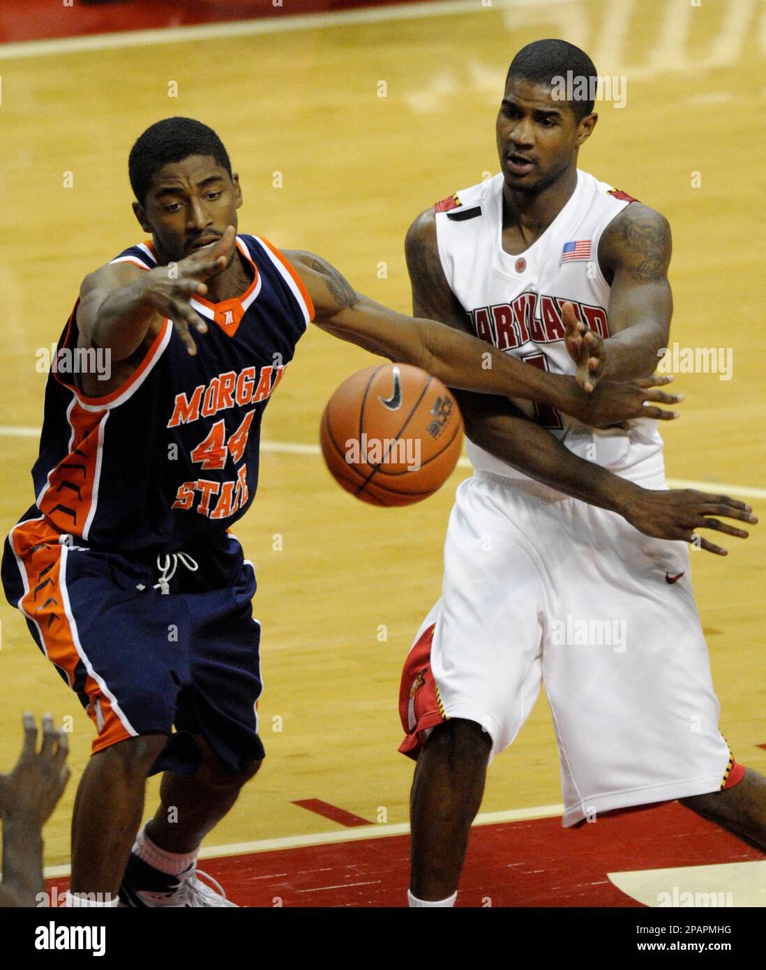 Maryland's Landon Milbourne (1) tries to pass the ball past