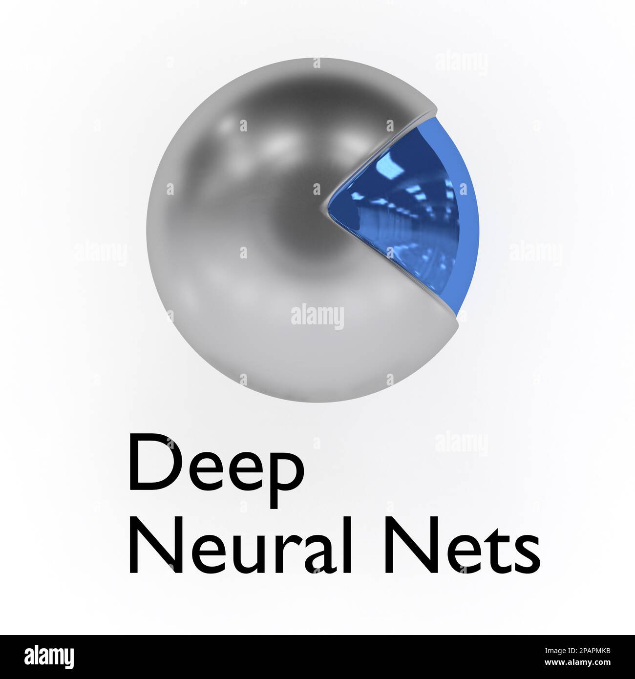 3D illustration of a robot head with the text Deep Neural Nets, isolated on gray. Stock Photo