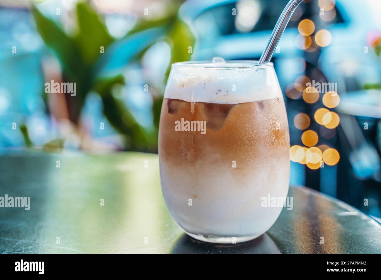 Iced Latte Coffee In A Glass With Cold Milk. Summer Drink Stock