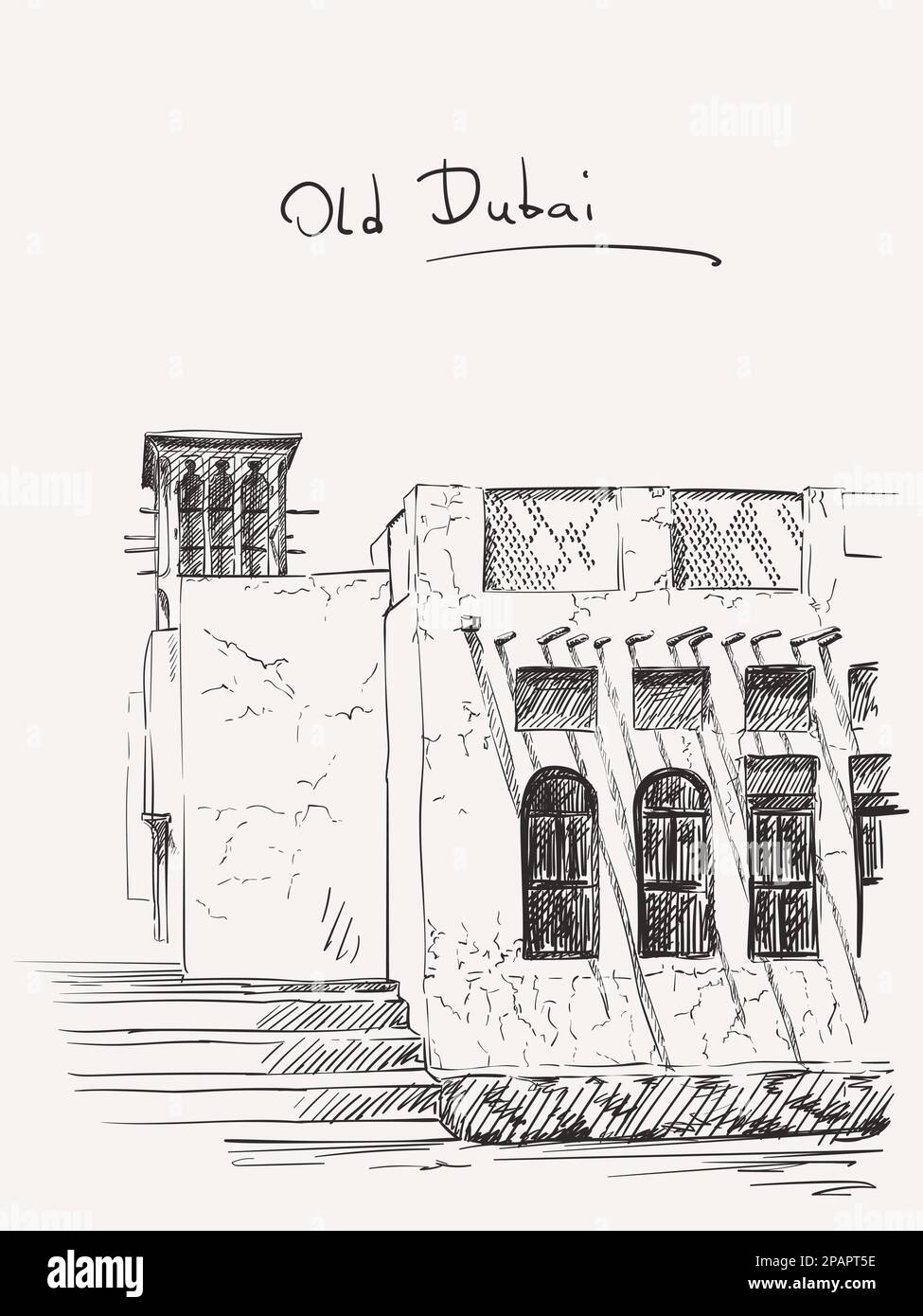 Sketch of old Dubai heritage city architecture, Hand drawn vector