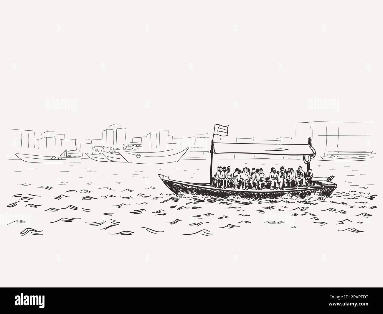 Sketch of traditional boat abra - local public transport on Dubai Greek. Hand drawn vector illustration Stock Vector