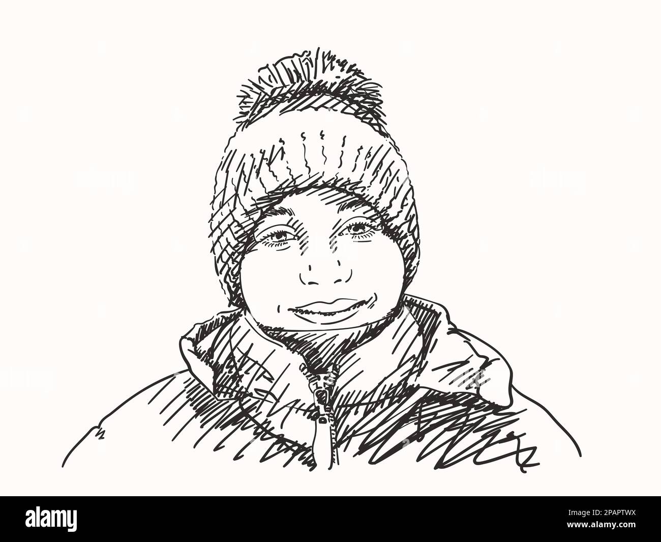 Sketch of young girl in winter hat, Hand drawn vector illustration