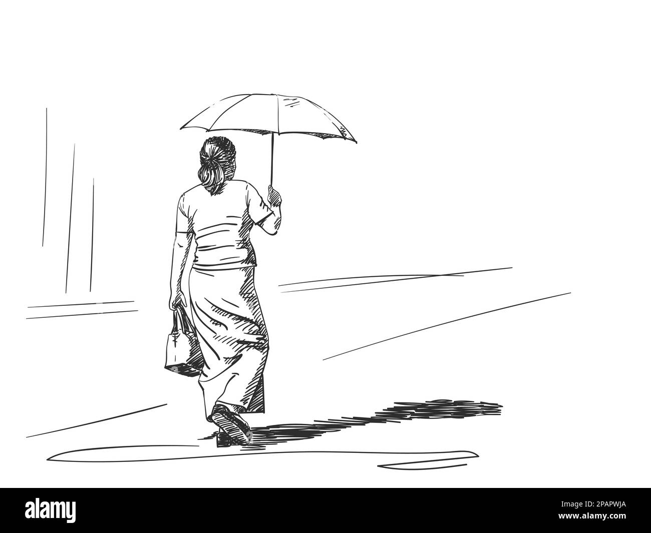 Sketch of walking woman with sun umbrella, back view, Hand drawn vector ...