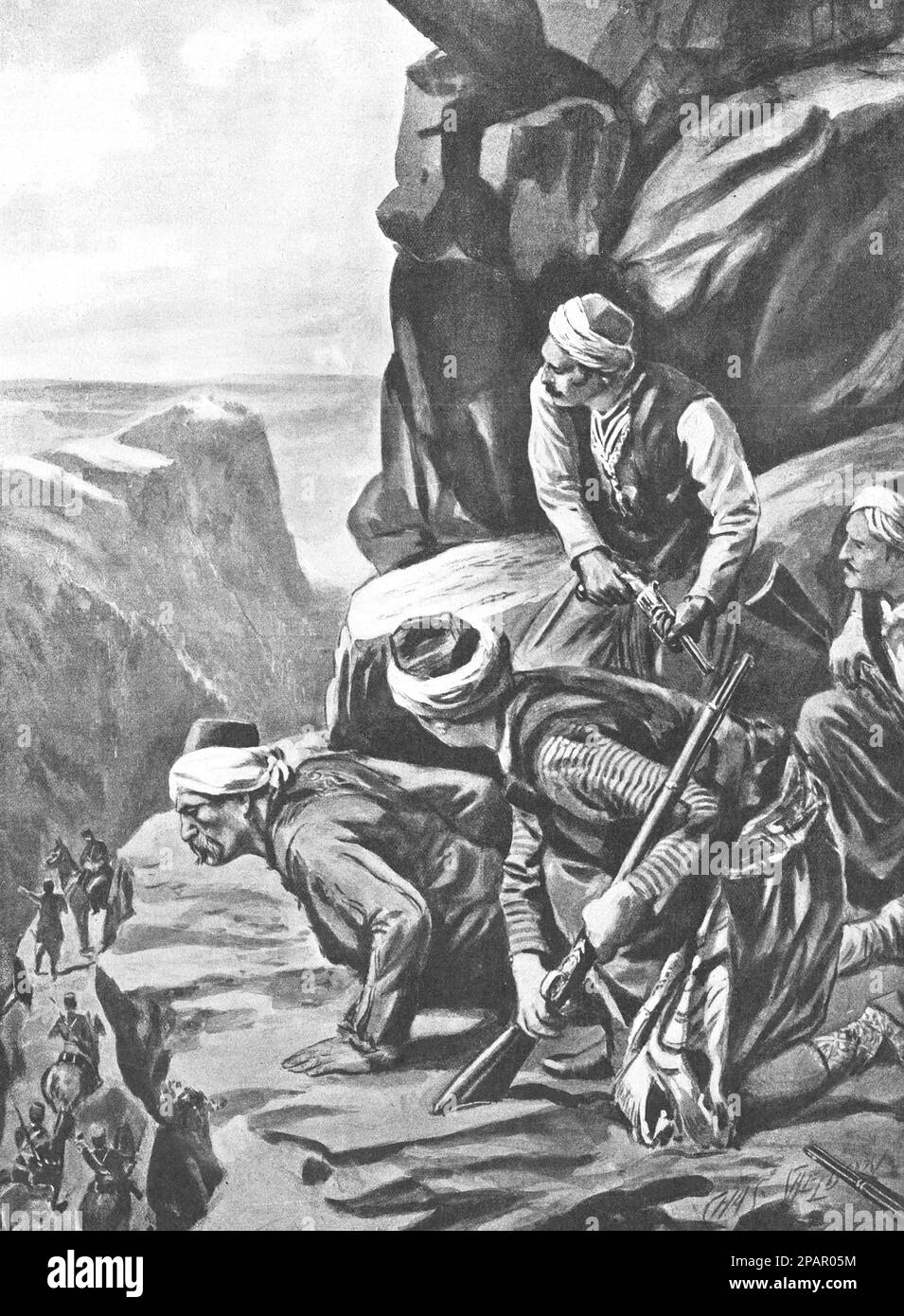Arnaut rebels in ambush. Revolt in Albania in 1910. Drawing by C. Sheldon, 1910. Stock Photo