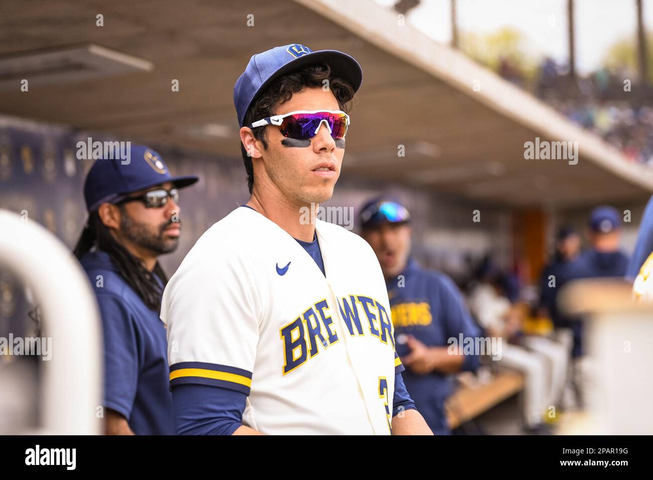 Glendale, United States. 24th Feb, 2023. Milwaukee Brewers designated  hitter Christian Yelich (22) prepares for an MLB spring training baseball  game against the Kansas City Royals at American Family Fields of Phoenix