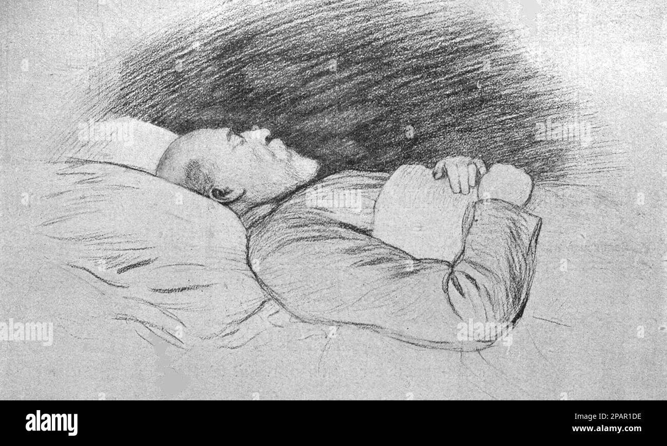 King Edward VII on his deathbed. Drawing from 1910. Stock Photo