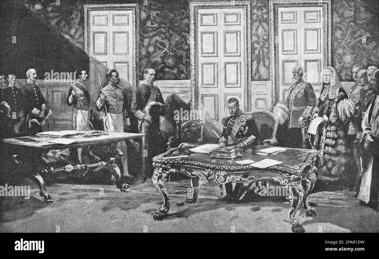 King George V signs the first decree. Drawing from 1910. Stock Photo