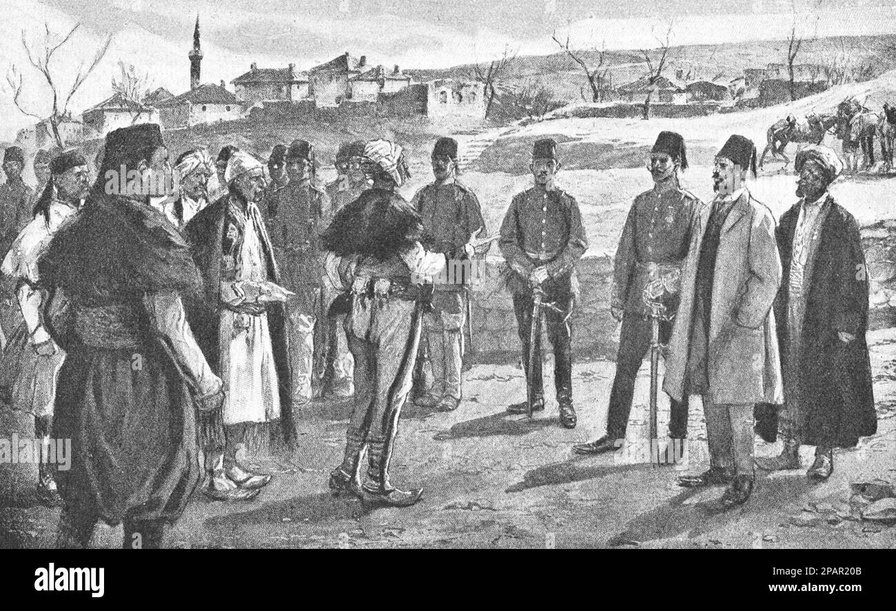 Negotiations between Turkish officers and Arnaut delegates in 1910. Drawing, 1910. Stock Photo