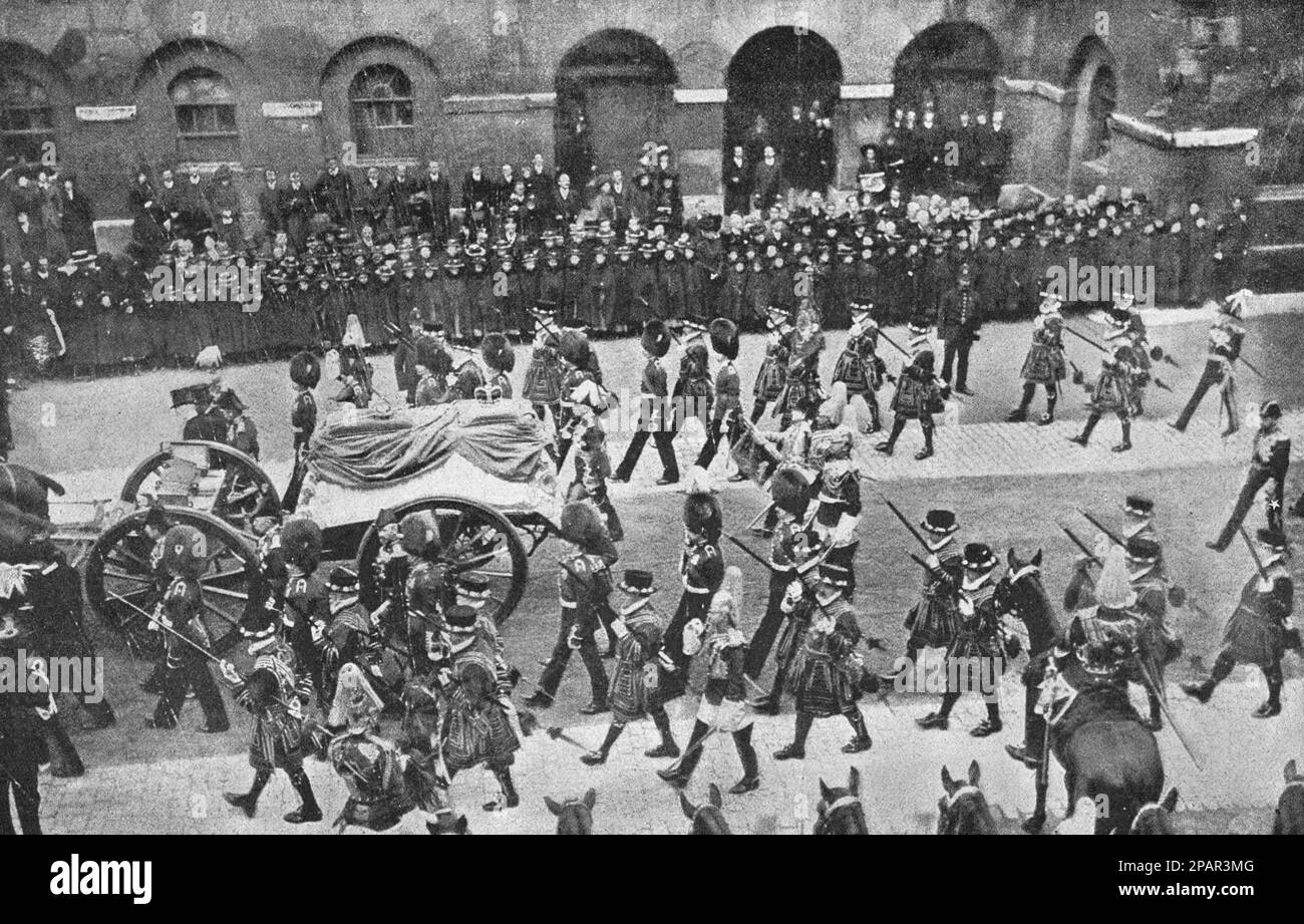 Transportation of the coffin with the body of King Edward VII from Buckingham Palace to Westminster Hall for a national farewell. Drawing from 1910. Stock Photo