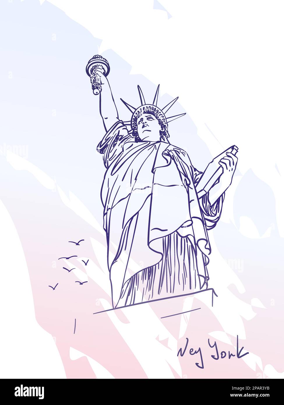 Sketch of Statue of Liberty New York City USA and seagulls flying near ...