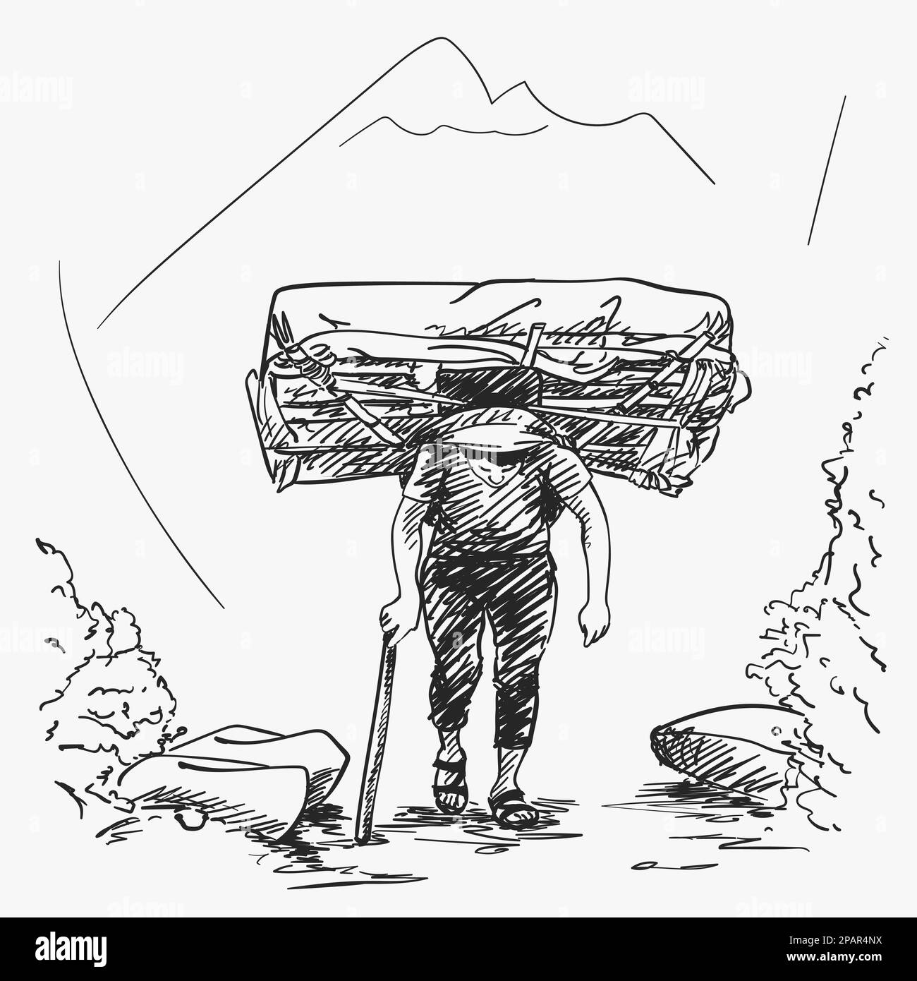 Sketch of nepali porter carrying full load heavy basket on his head in traditional way in mountains, Hand drawn illustration Stock Vector