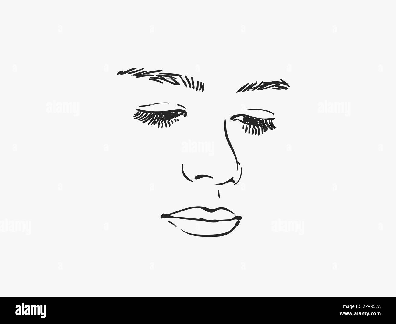 Sketch of girl's face serious eyes looking down, Hand drawn vector illustration Stock Vector