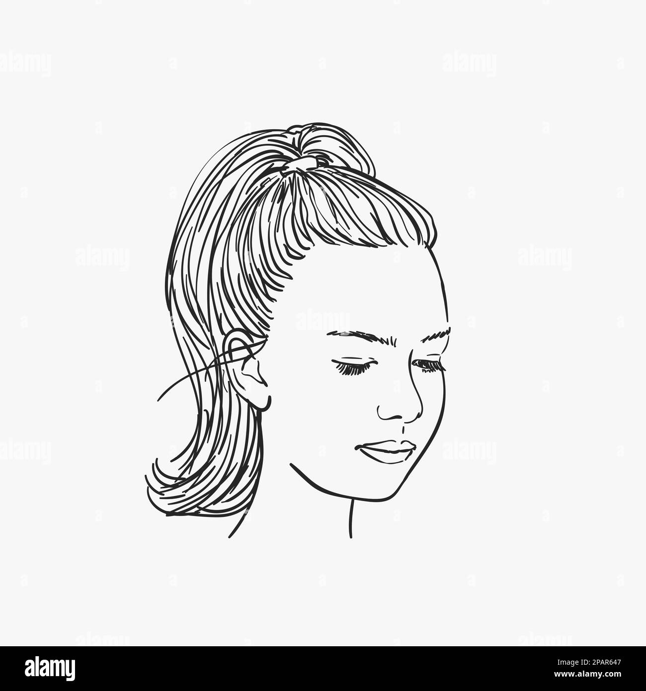 Sketch of girl's head serious eyes looking down, Hand drawn vector illustration Stock Vector