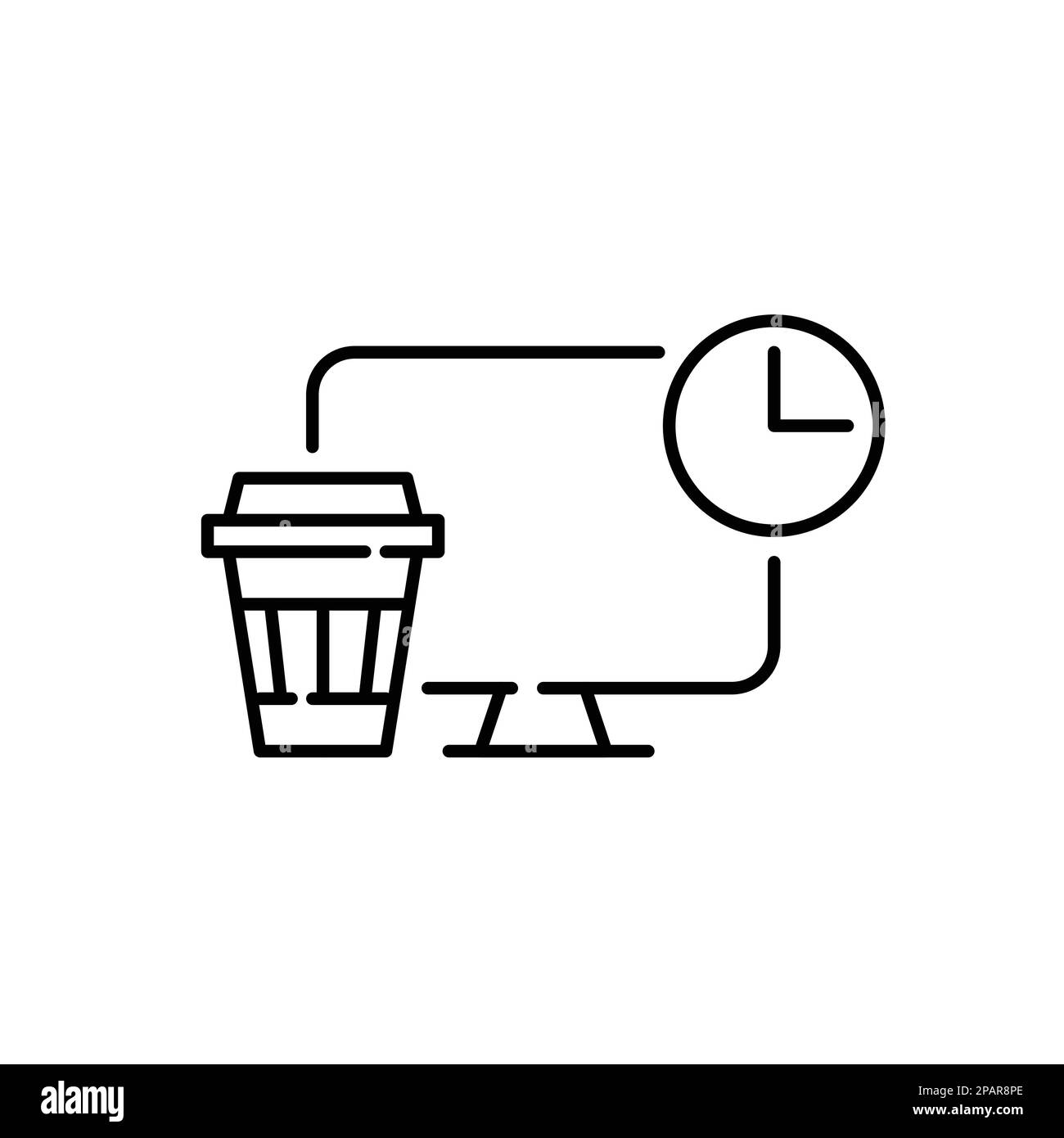 Coffee break. Rest time from work routine. Desktop computer and disposable takeaway cup. Pixel perfect, editable stroke Stock Vector