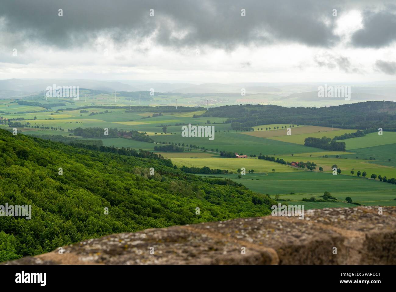 Scenic view from the 'Ithturm' lookout tower on an overcast day, Ith ridge, Weserbergland, Lower Saxony, Germany Stock Photo
