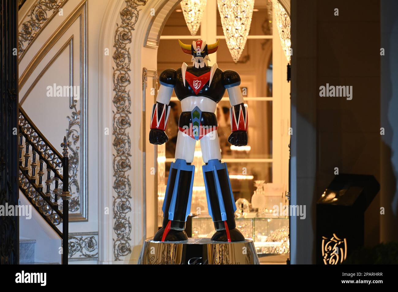 Los Angeles, USA. 11th Mar, 2023. UFO Robot Grendizer - Goldorak statue seen during Atelier Los Angeles fashion show collection at the Chateau Falcon in Bel Air, Los Angeles, CA, March 11, 2023. (Photo by Anthony Behar/Sipa USA) Credit: Sipa USA/Alamy Live News Stock Photo