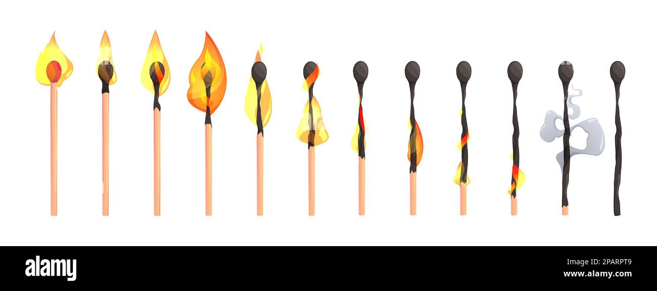 Burning match animation. Matchstick burnout stages, sequence steps of