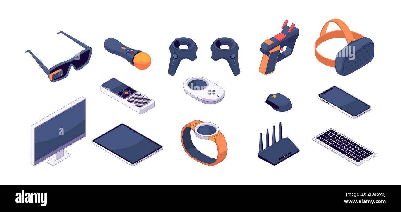 Isometric gaming devices. Joystick and gamepad controllers, VR helmet