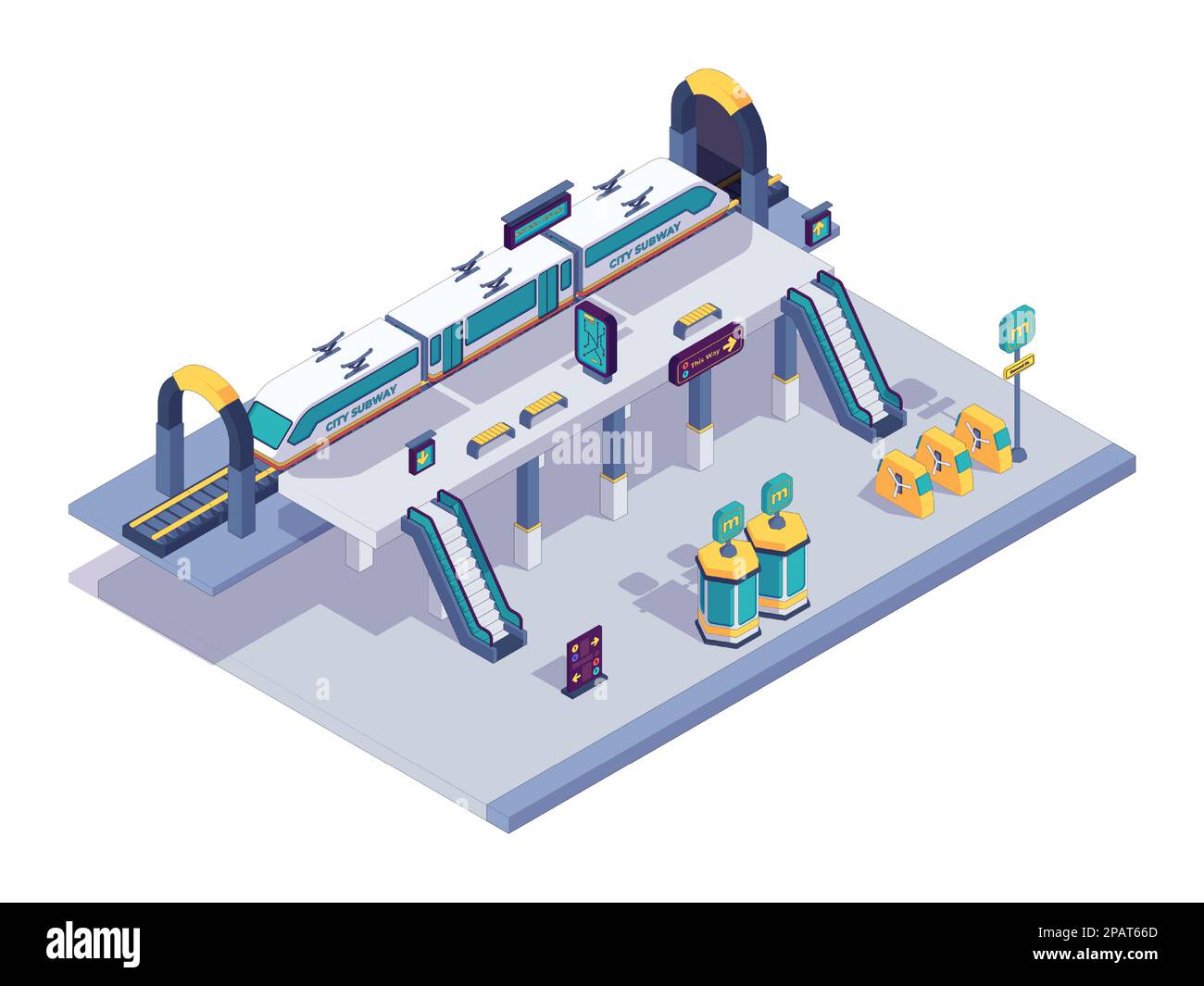 Isometric subway station. Railway passenger platform for train departure and arrival, city underground infrastructure. Vector illustration. Metropolitan interior with ticket booth, turnstile Stock Vector
