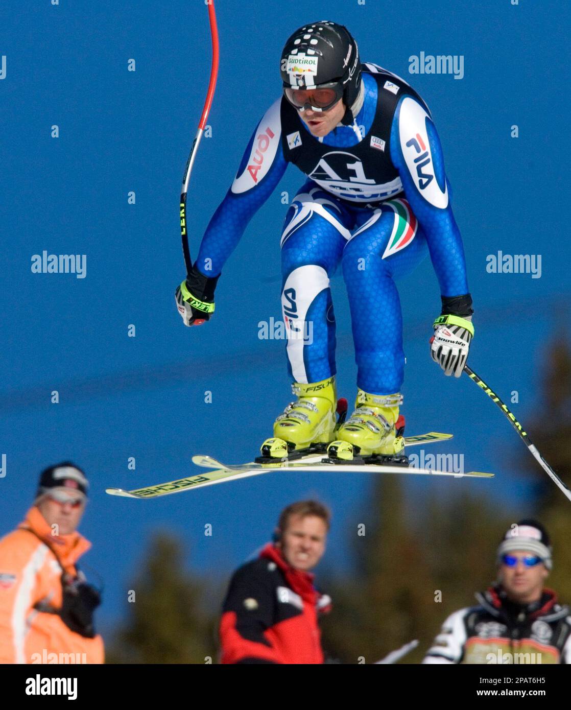 Kurt Sulzenbacher of Italy, soars down the course on his way to the 17th  fastest time in the first training run for the Lake Louise World Cup Alpine  ski race in Lake