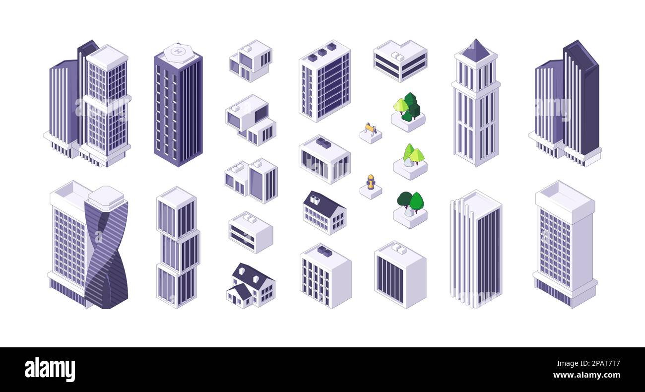 Isometric city constructor kit. Modern cityscape elements with architecture buildings skyscrapers and houses, megalopolis development. Vector set. Tall office and residential properties Stock Vector