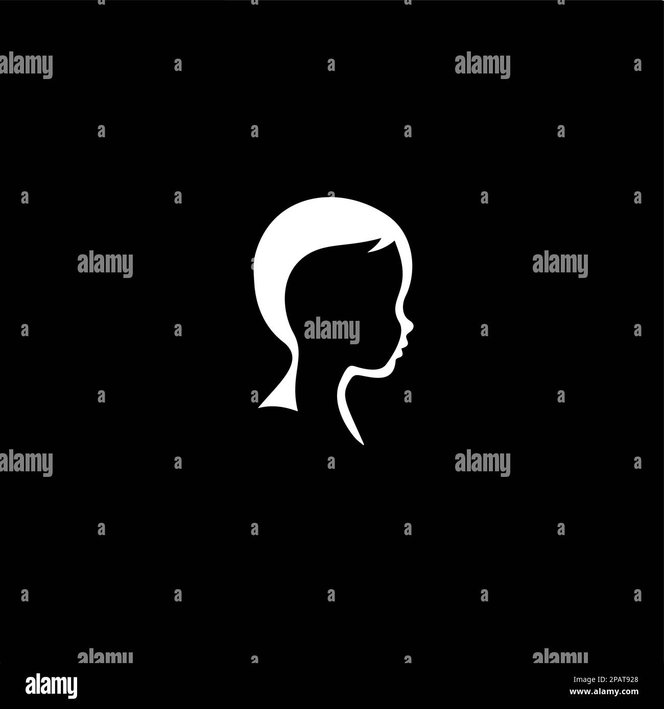 Minimalistic logo template, white icon of boy portrait silhouette on black background, modern logotype concept for business identity, t-shirts print Stock Vector