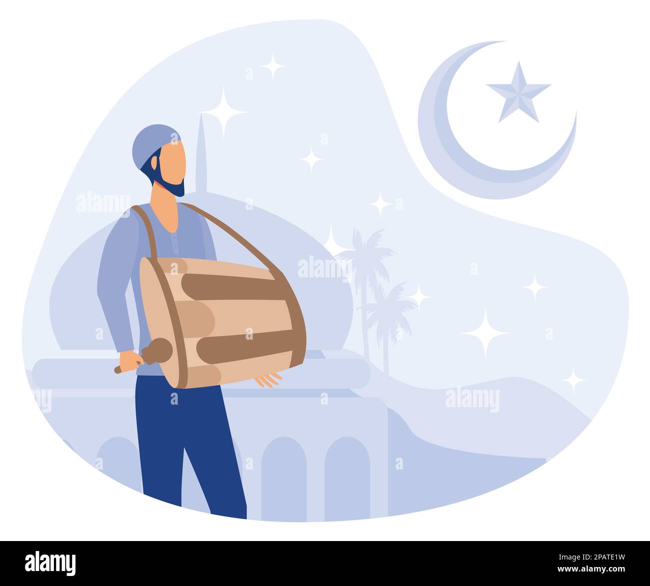 Waking up people at early morning to do sahur time, Ramadan's tradition activities,  flat vector modern illustration Stock Vector
