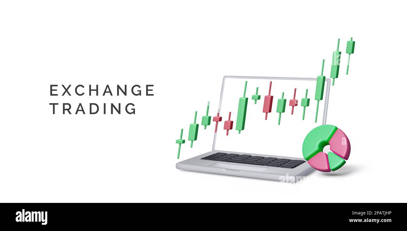 Online stock exchange trading business banner. Trade on stock market. 3D render laptop, pie chart and candlestick diagram. Investment and financial ma Stock Vector