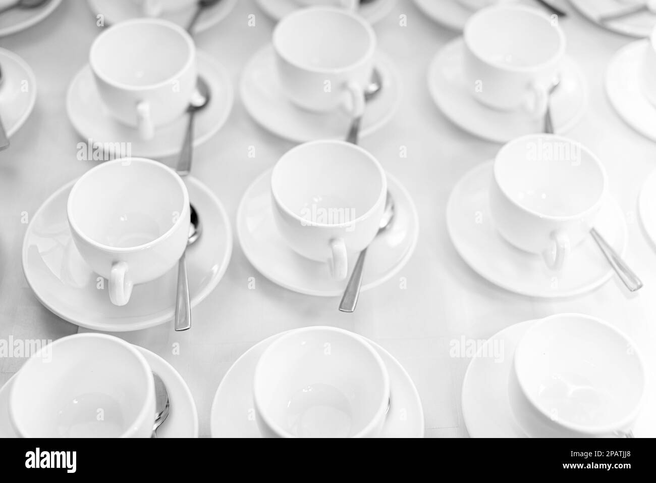 Many rows of white ceramic coffee or tea cups. Lines of coffee cups in