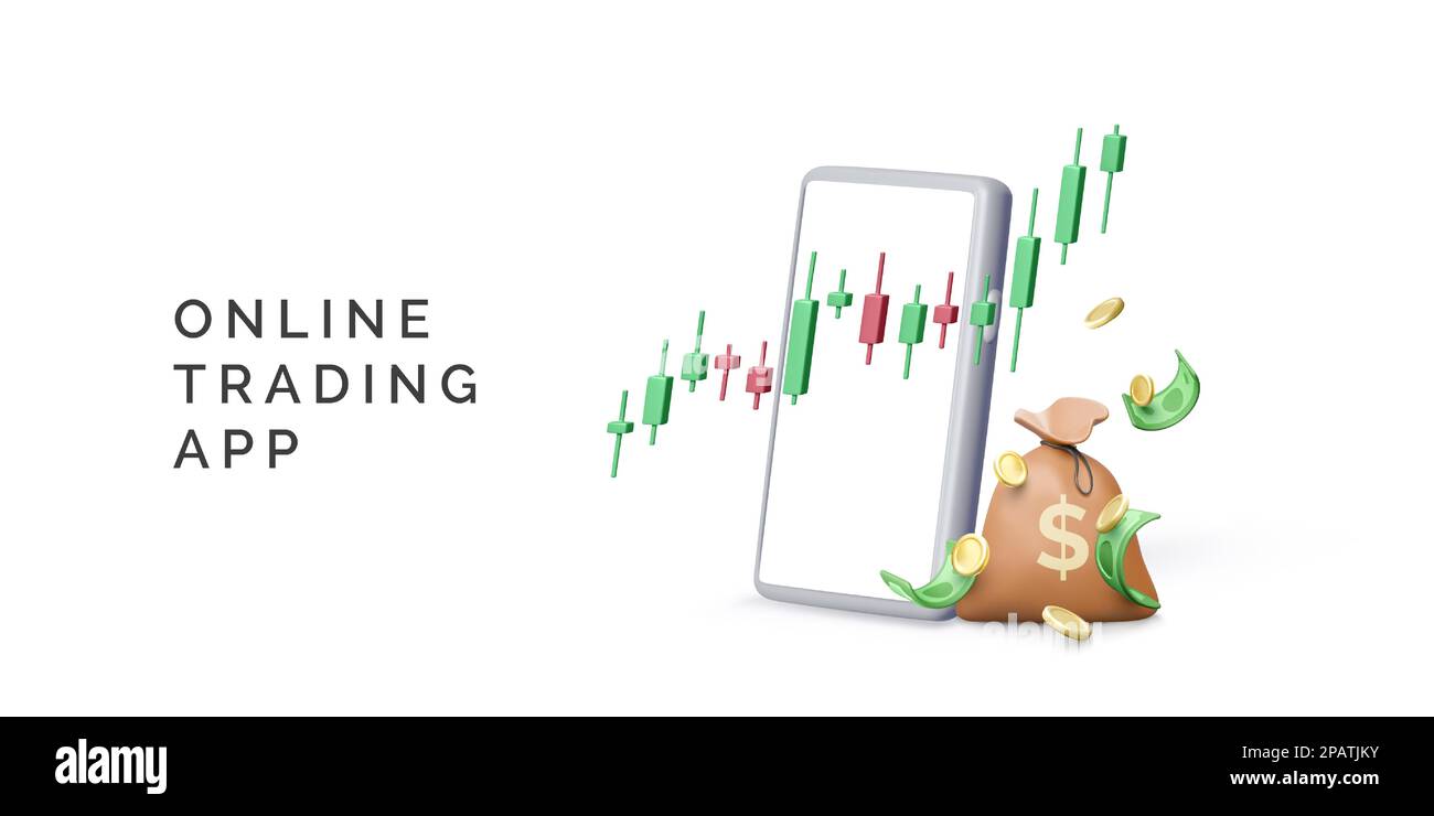 Cryptocurrency online trading app. 3D Smartphone with candlestick chart and money bag. Investment on stock exchange market and getting profit. Vector Stock Vector