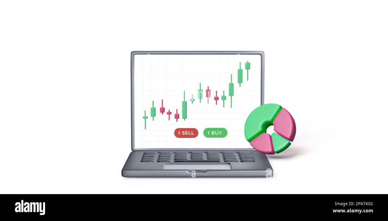 Black laptop with candlestick chart on screen and 3D pie diagram. Stock market analysis and success business investment. Render laptop with online tra Stock Vector