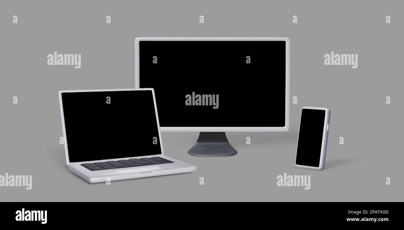 Set of 3D gadgets with black empty screen for banner and template usage. Realistic render of laptop mobile phone and PC monitor. Vector illustration Stock Vector