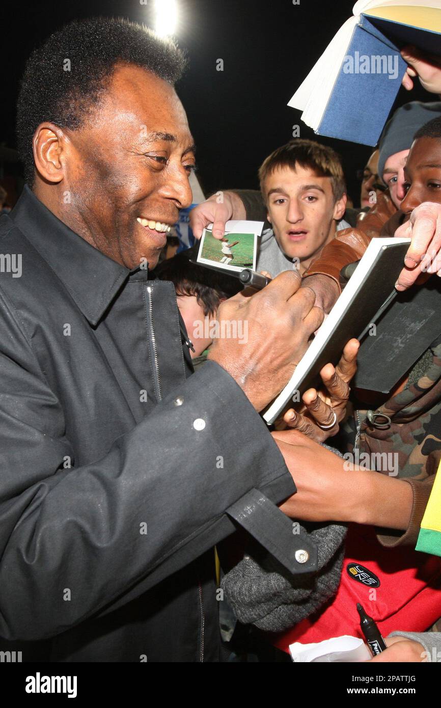 Pele, a living soccer legend, visits the Pontaise stadium and gives some  autographs after a press conference concerning the partnership between the  Swiss Club FC Lausanne-Sports and Campus Pele in Lausanne, Switzerland,