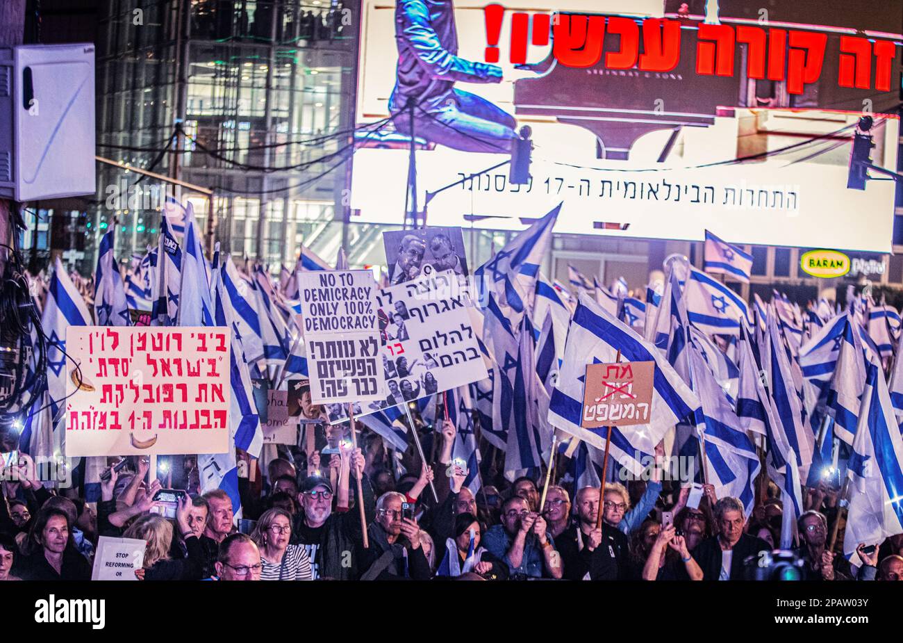 Tel Aviv, Israel. 11th Mar, 2023. Israeli pro democracy protesters chants slogans while holding placards and flags during the demonstration. Protesters took to the streets, as anti-judicial reform protests entered their tenth consecutive week. (Photo by Eyal Warshavsky/SOPA Images/Sipa USA) Credit: Sipa USA/Alamy Live News Stock Photo
