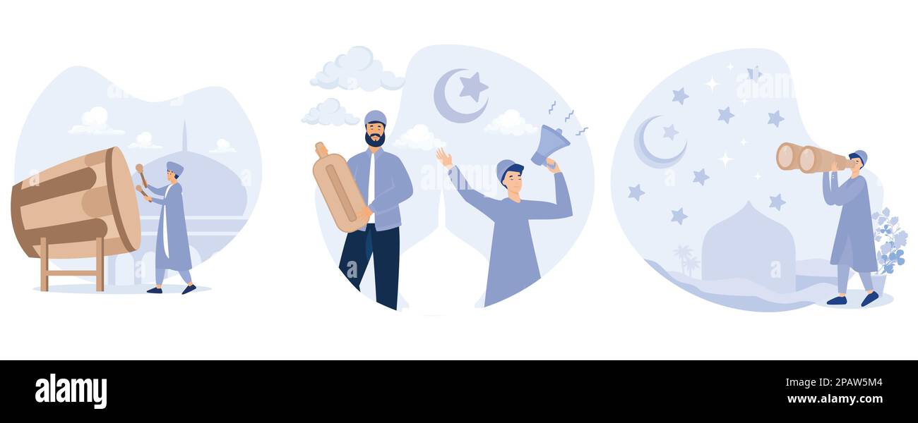 People waking up for the sahur with kentongan and bedug, Muslim person looking for hilal at night sky with telescope, set flat vector modern illustrat Stock Vector