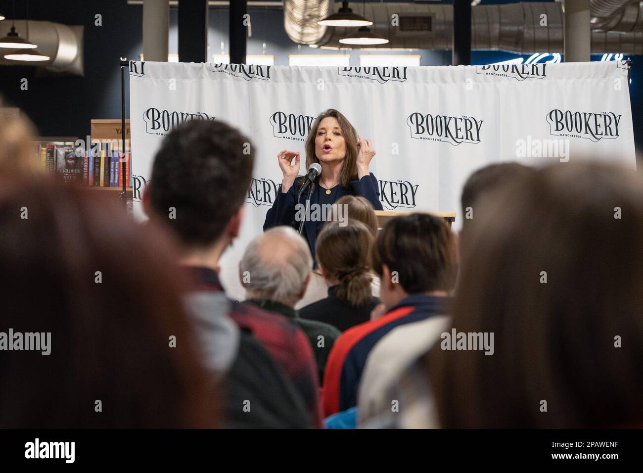 Marianne Williamson discusses her campaign platform with progressive New Hampshire's at Bookery Manchester in Manchester. A week after announcing her bid for the presidency, 2024 hopeful Marianne Williamson began campaigning in New Hampshire. On March 11, Williamson made three stops around the Granite State, starting in Concord, Laconia, and Manchester. She met with small groups of New Hampshire and Democrats from Belknap County. Democrats in the state have blasted current President Joe Biden, who is expected to run for a second term, and national Democrats after the Democratic National Commit Stock Photo