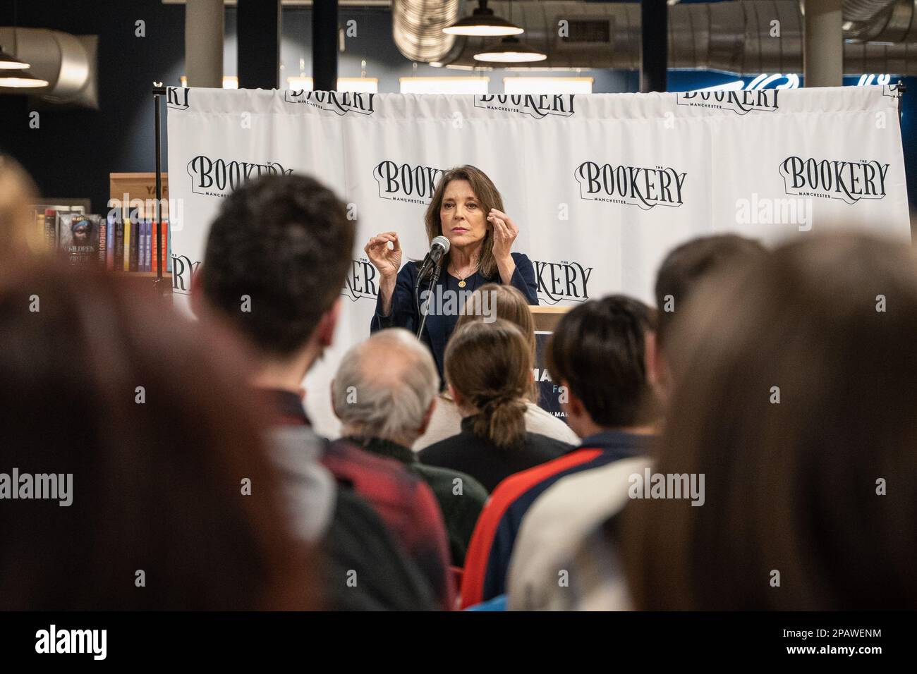 Marianne Williamson discusses her campaign platform with progressive New Hampshire's at Bookery Manchester in Manchester. A week after announcing her bid for the presidency, 2024 hopeful Marianne Williamson began campaigning in New Hampshire. On March 11, Williamson made three stops around the Granite State, starting in Concord, Laconia, and Manchester. She met with small groups of New Hampshire and Democrats from Belknap County. Democrats in the state have blasted current President Joe Biden, who is expected to run for a second term, and national Democrats after the Democratic National Commit Stock Photo