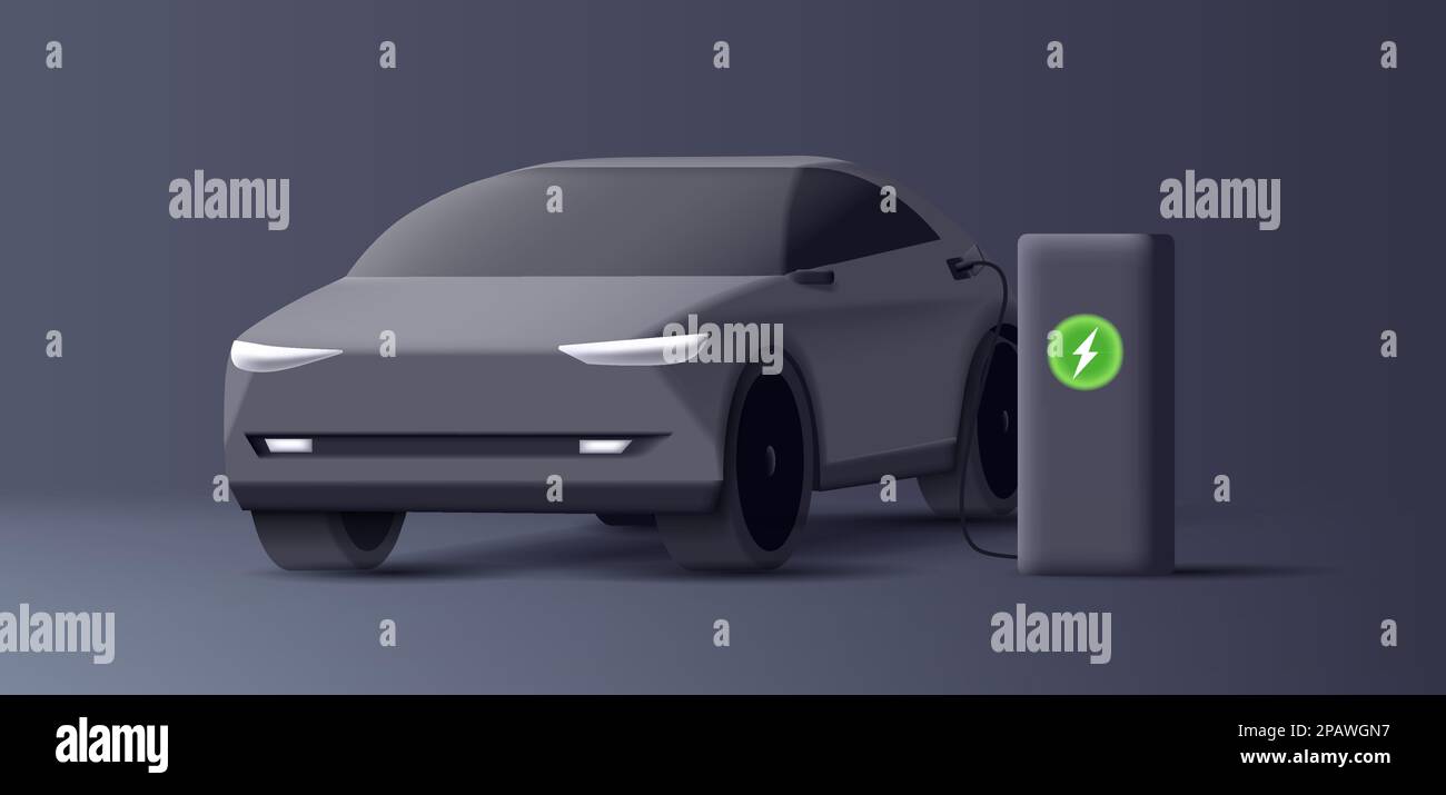 Electric Vehicle at charging station. Dark composition with SUV simplified car illustration and power station unit to recharge Stock Vector