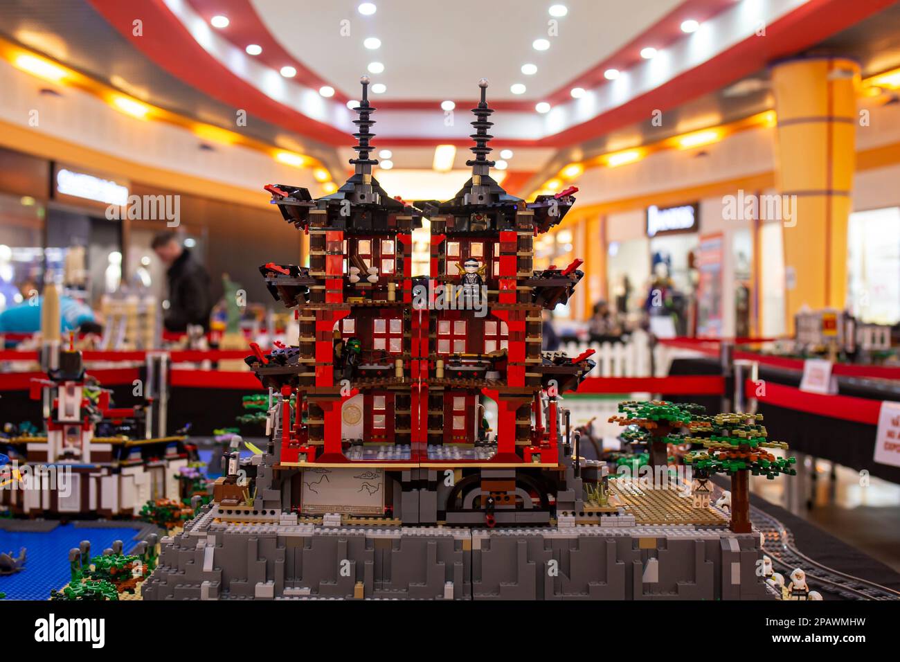 Asian temple scene with ninjago warriors made from lego blocks at a mall exibition Stock Photo