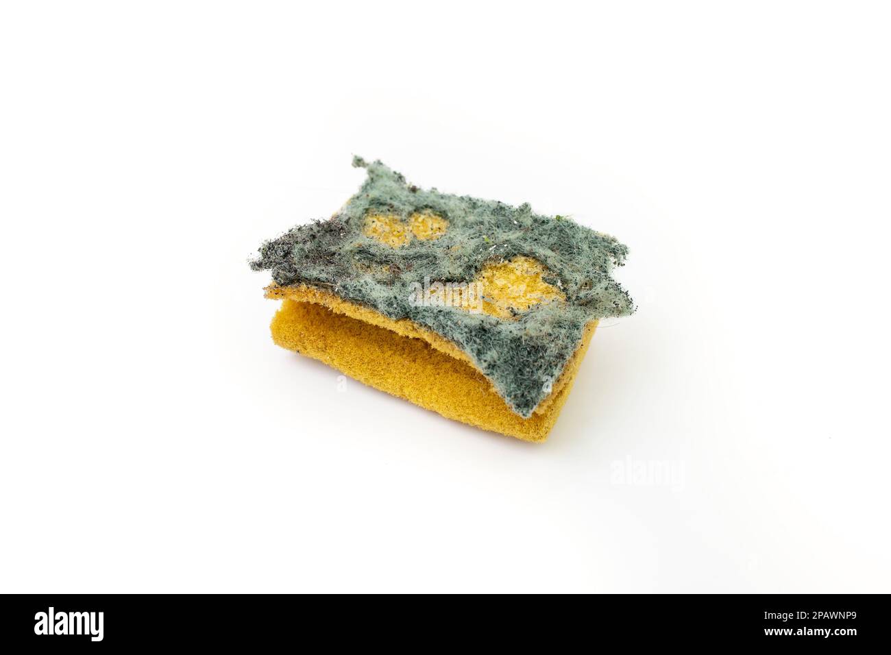 Dishwasher sponge dirty and ripped, isolated on white background
