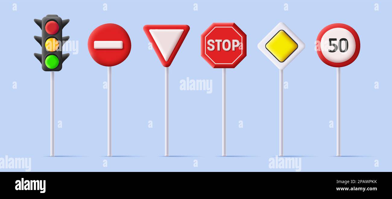 Set of road street signs for vehicles and traffic light, priority roads